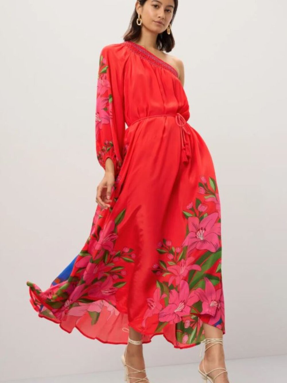 Magnificent FARM Rio Red Summer Foliage Scarf Maxi Statement Dress NWT